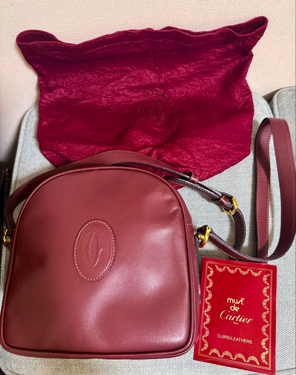 【品相极佳】附保存袋 卡地亚 Cartier 马斯特系列 单肩包 波尔多色 皮革 附保存袋及店铺卡
