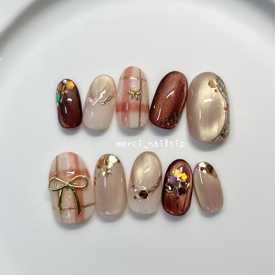 No.8 【Hologram Collection ❶✨】Check nails with hologram and mirror line Nail tips Ribbon adult cute Four seasons cute Magnet nail