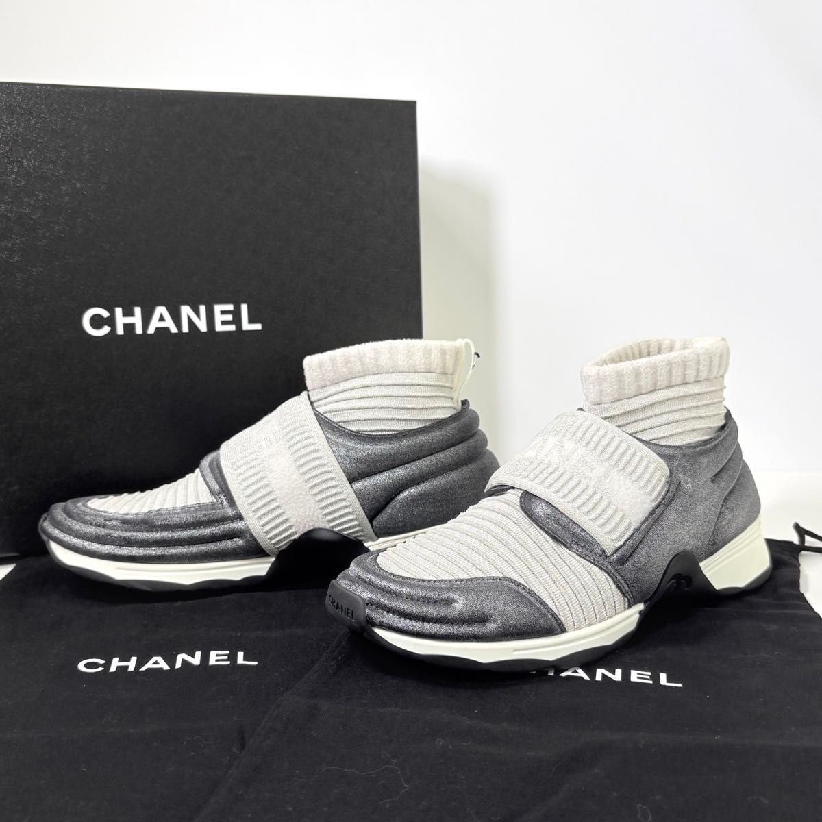 极美品 香奈儿 CHANEL 可可标志 G33070 针织袜 运动鞋 灰色 意大利制造 36码 相当于23.0厘米