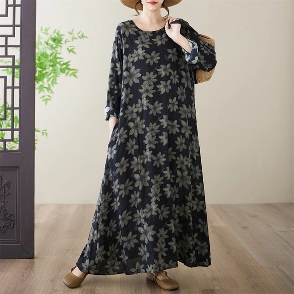 高级感花卉图案亚麻长袖连衣裙，女性秋季宽松版型显瘦遮肉，休闲棉麻长袍