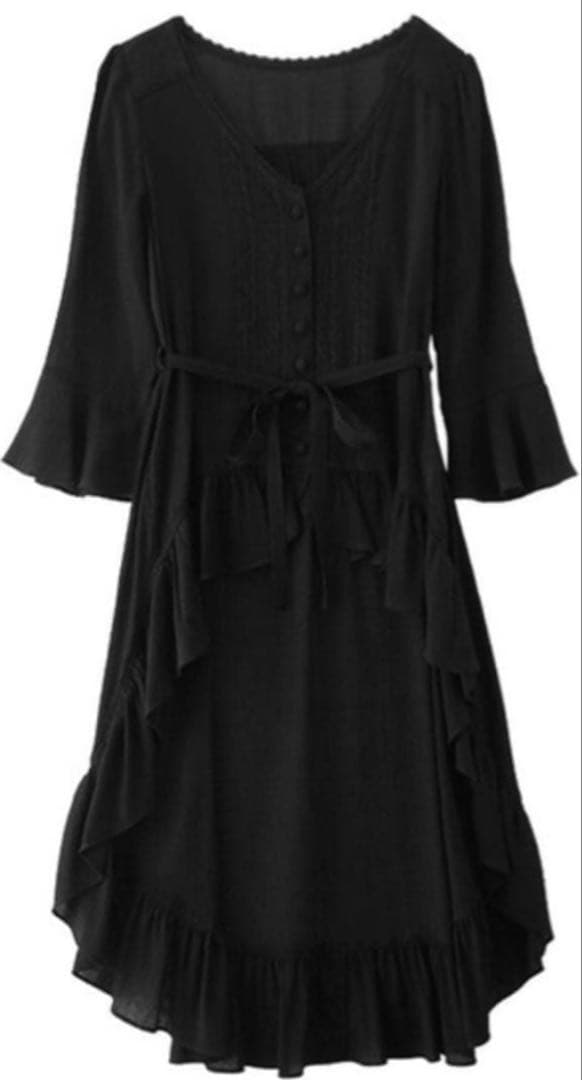 axes femme(艾克西斯法姆) 五分袖 荷叶边 上衣 黑色 M