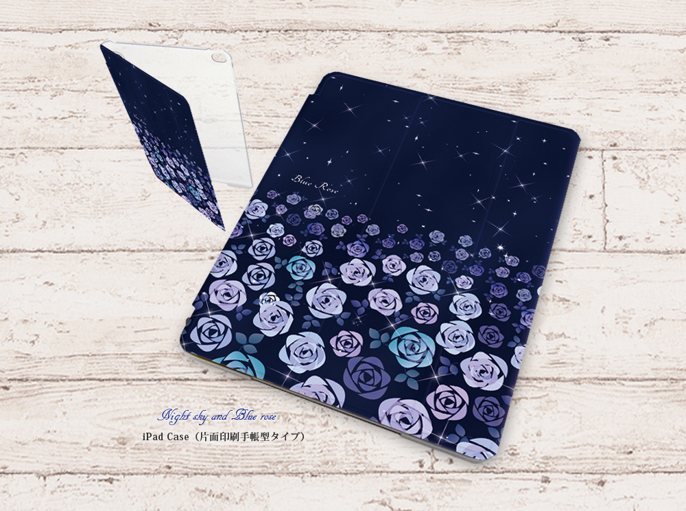 【夜空与蓝玫瑰(Night sky and Blue rose)】翻盖式iPad保护壳(单面印刷/带摄像头开孔/插卡式)支持自动休眠