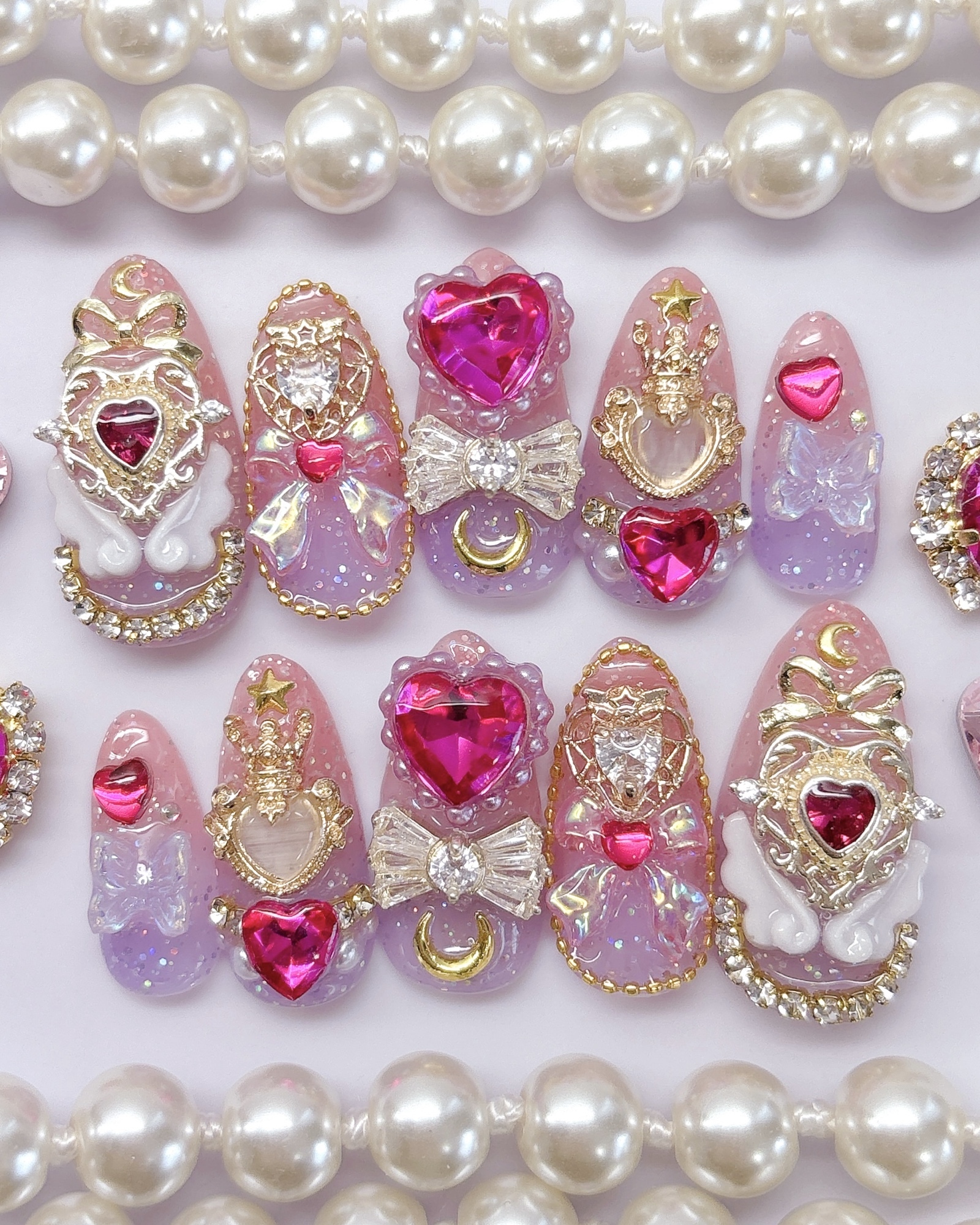 👑Our Shop's Popular No.05 Design 【 No.27 】Custom Size | Nail Tips Pink Purple Glitter Magical Girl Sparkling Heart Gold Fandom