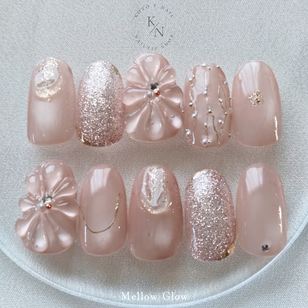 Mellow Glow Nail Tips, Autumn Nails, Nuance Nails, Bridal, Wedding, Marriage Ceremony, Bride, Pearl, Coming-of-Age Ceremony, Glistening, Adult, Cute, Magnetic Nails, Pink, Water-Glow Nails, Plump, 3D