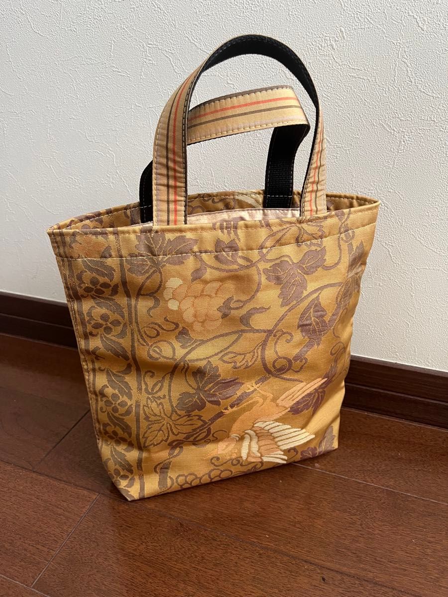 Silk Tote Bag with Obi Fabric, Japanese Pattern Featuring Birds and Grape Motif