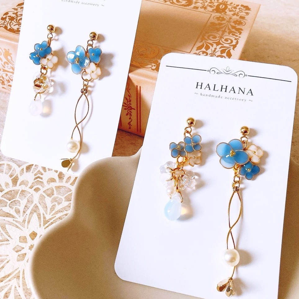 耳环【花蜜露】手工和风和服浴衣花朵滴浸花勿忘我水滴形耳环耳夹