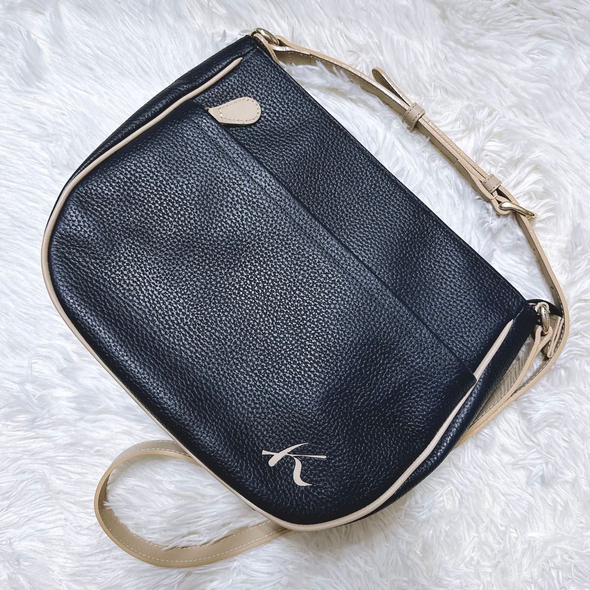 Kitamura Shoulder Bag, K Logo, Embossed, Dark Blue Leather, Like New