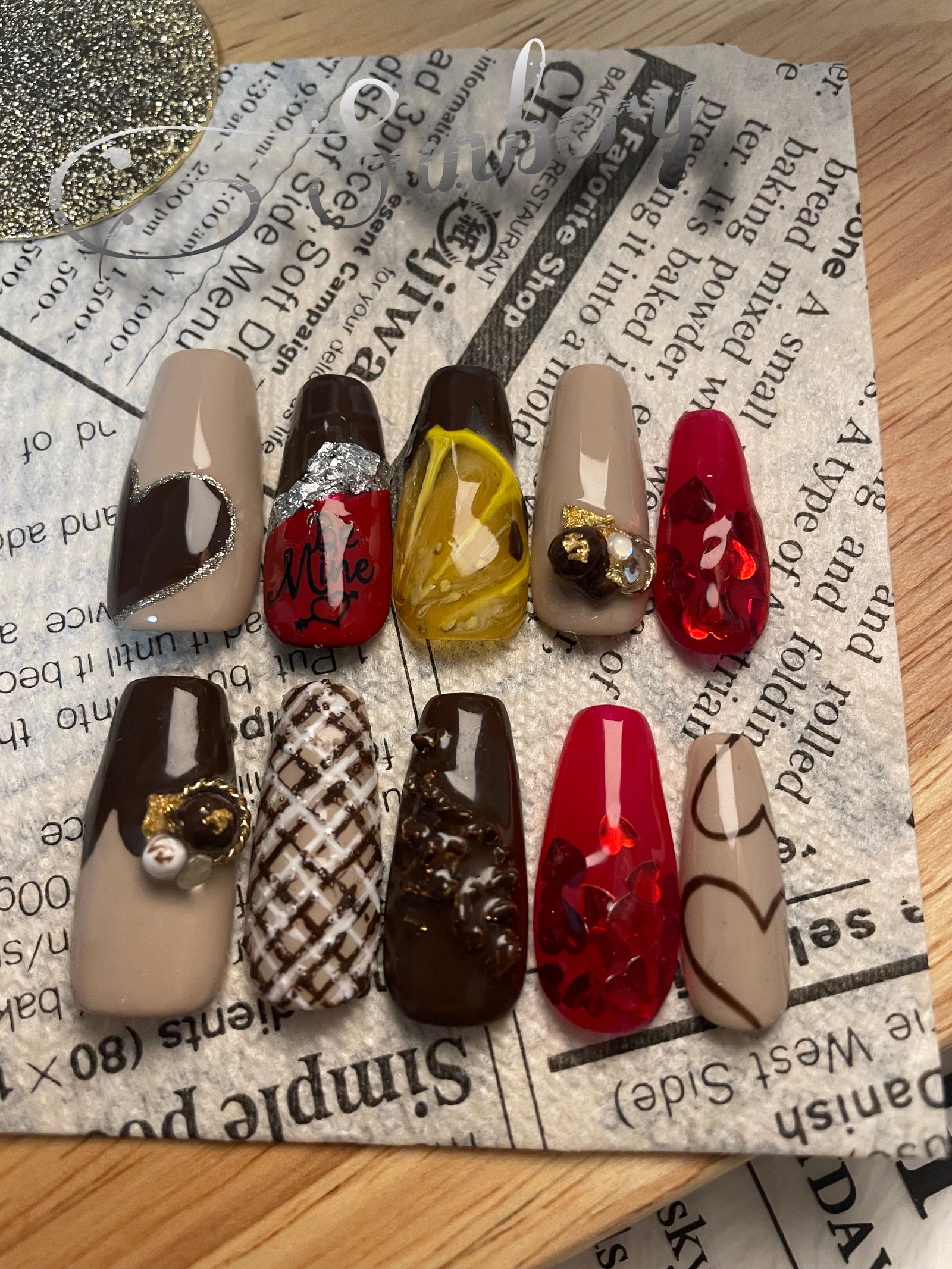 Nail tips, Valentine’s Day nails, chocolate bar nails, heart nails