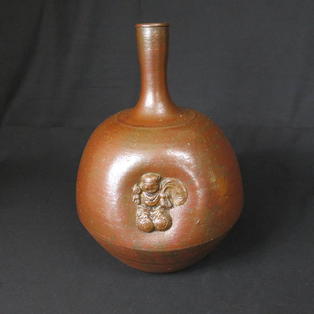 Old Bizen Ware Figurine Tokkuri, Tokkuri Sake Vessel, Flower Vase, Vase, Single-Stem Holder, Hotei, Seven Lucky Gods