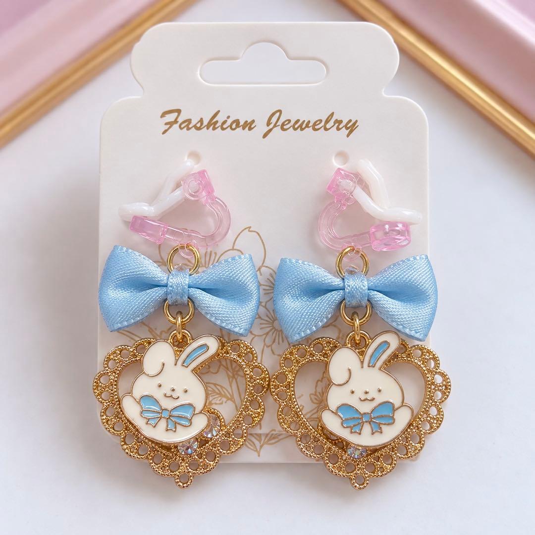 Kids' earrings with a light-blue ribbon and rabbit charm * hypoallergenic, earring posts included free