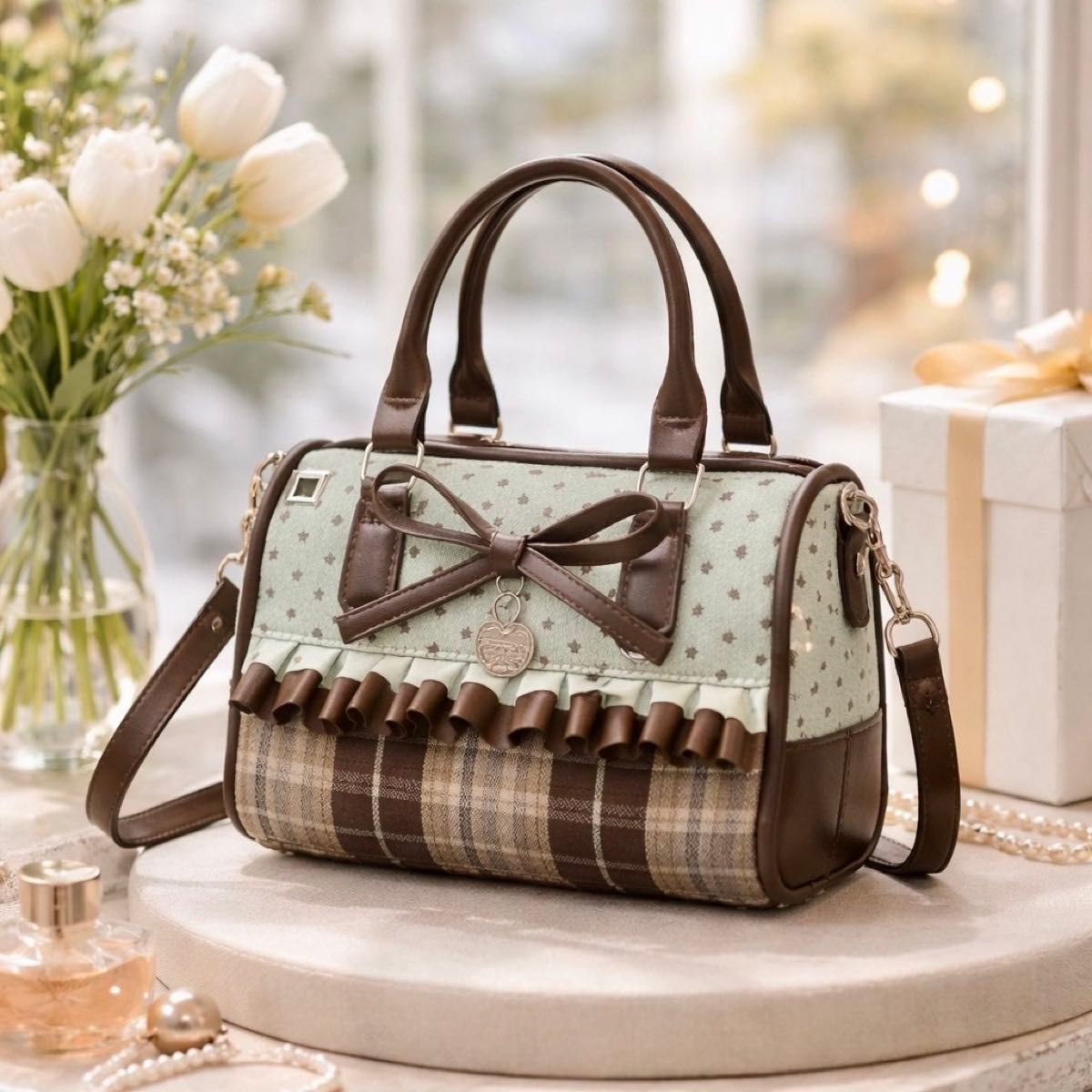2-way mini Boston bag, shoulder bag, with ribbon and frills, mass-produced model
