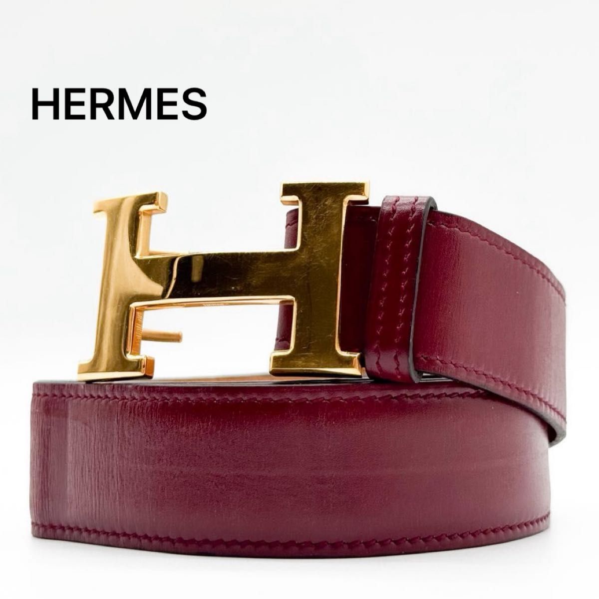 【品相极佳·1977年制造】爱马仕 HERMES 康斯坦丝 H型皮带 金色扣头 波尔多色 G刻印 箱纹小牛皮