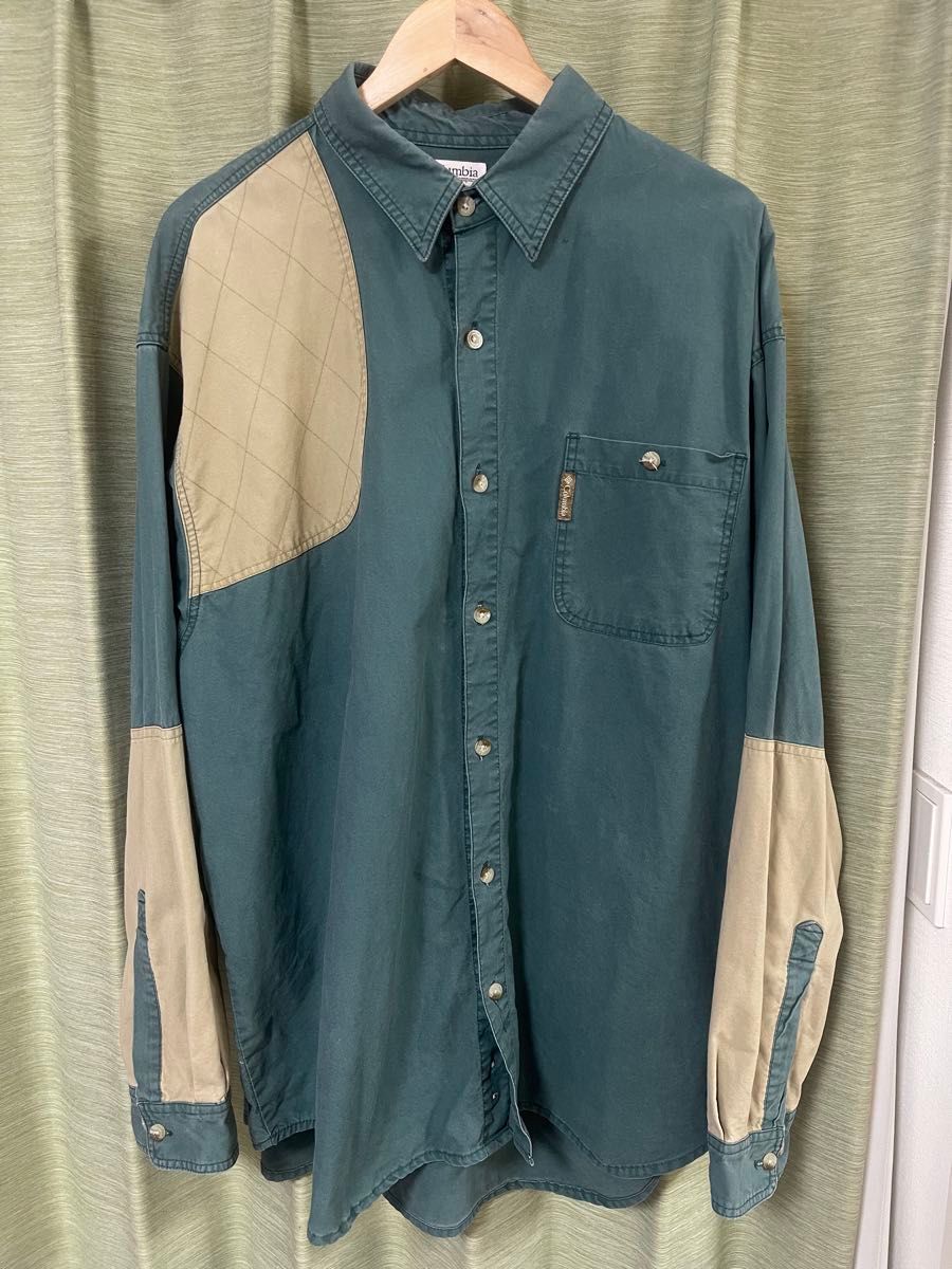 Columbia 哥伦比亚 旧标签 长袖衬衫 2XL 绿色 米色 拼接设计 二手