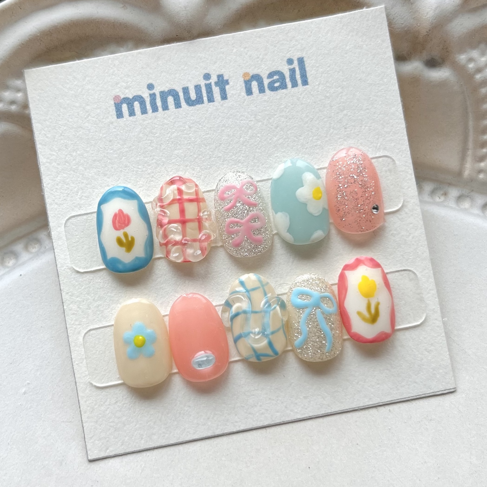 [ TULIP GARDEN nailtips ] Nail Tips Quirky Individualistic Korean Plump Nuance Flower Wavy Curly Nails Pastel Tulip Flower Ribbon Check