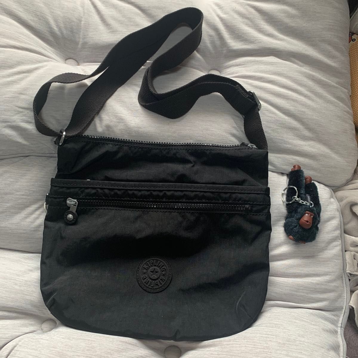 Kipling Nylon Shoulder Bag, Black, with Monkey Charm
