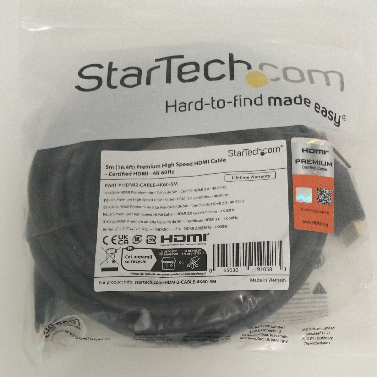 【全新未使用】StarTech.com 5米 高端高速HDMI线缆 4K 60Hz