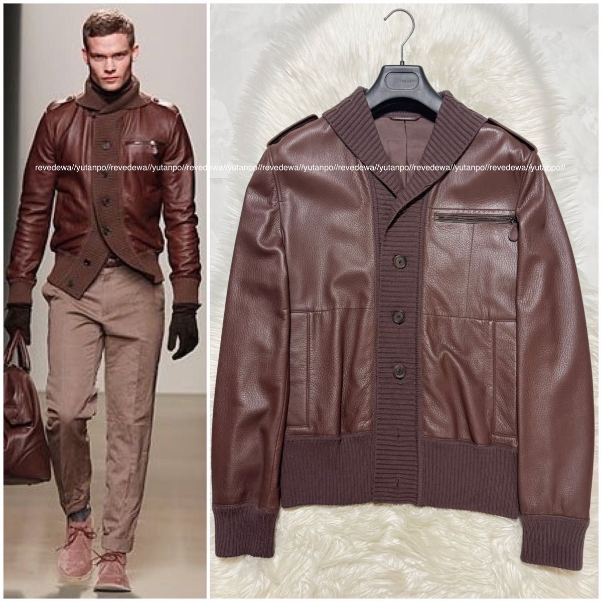 正品 时装秀 博特加·维内塔 罗纹拼接 皮夹克 棕色 48号 BOTTEGA VENETA 收藏款
