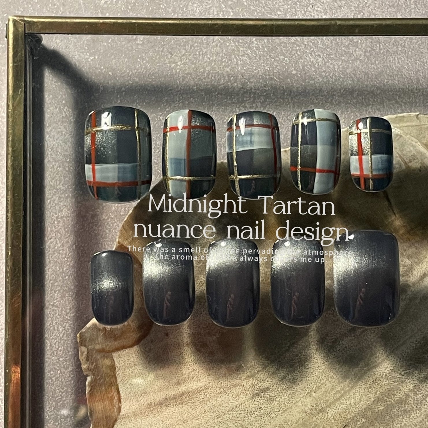 Tartan check nail tips that blend into the quiet of the night