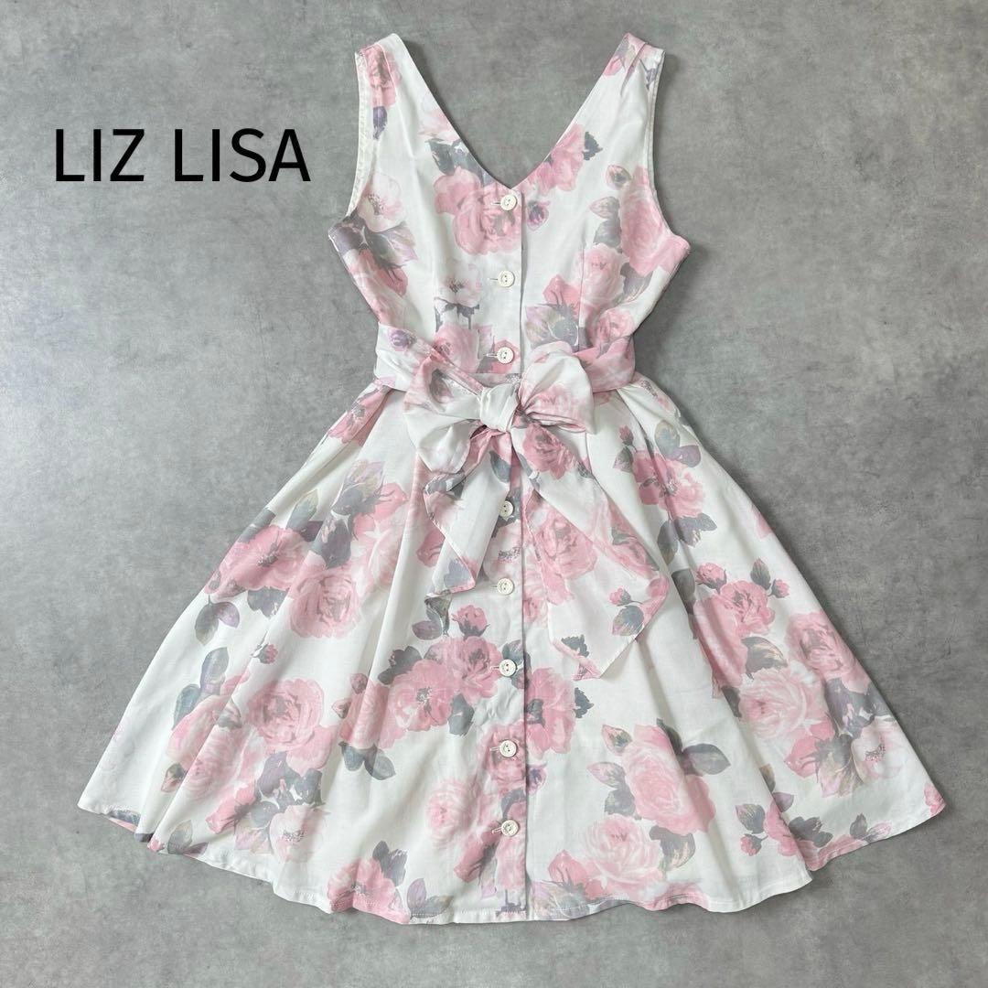 極美品 ✨ Liz Lisa 花卉图案 无袖 连衣裙 蝴蝶结 喇叭裙 粉色 F