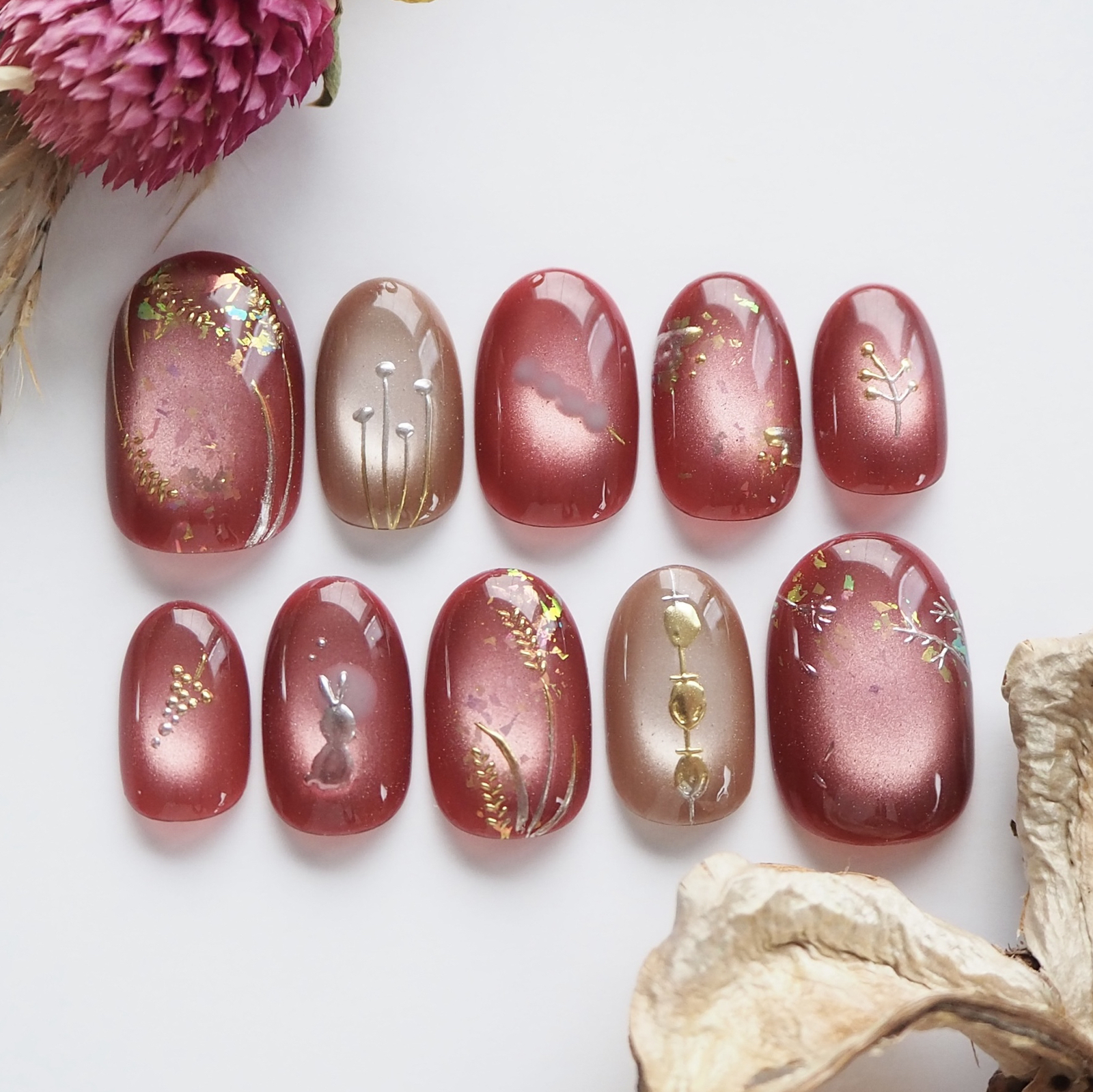 No. 52 Moon-Viewing Rabbit and Autumn Preparations Nail Tips Autumn Autumn Nails Magnet Nails Burgundy Beige Mirror Aurora Rabbit Moon Rice Balls Sparkling
