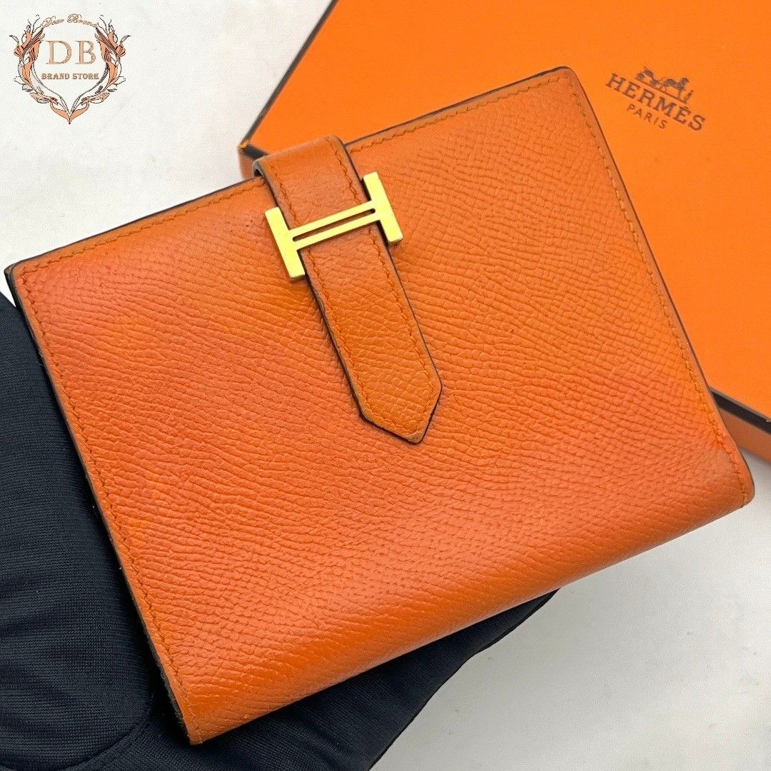 爱马仕 贝安 简约款 两折钱包 橙色 金色配件 HERMES 沃尔埃普森 正式 女士 金色 橙色