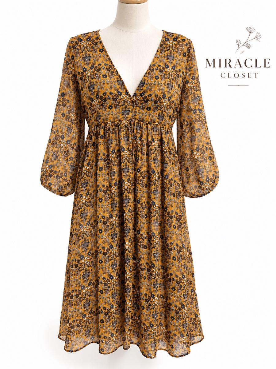 MIRACLE CLOSET Floral Print Long One Piece Mustard V-Neck Long Sleeve