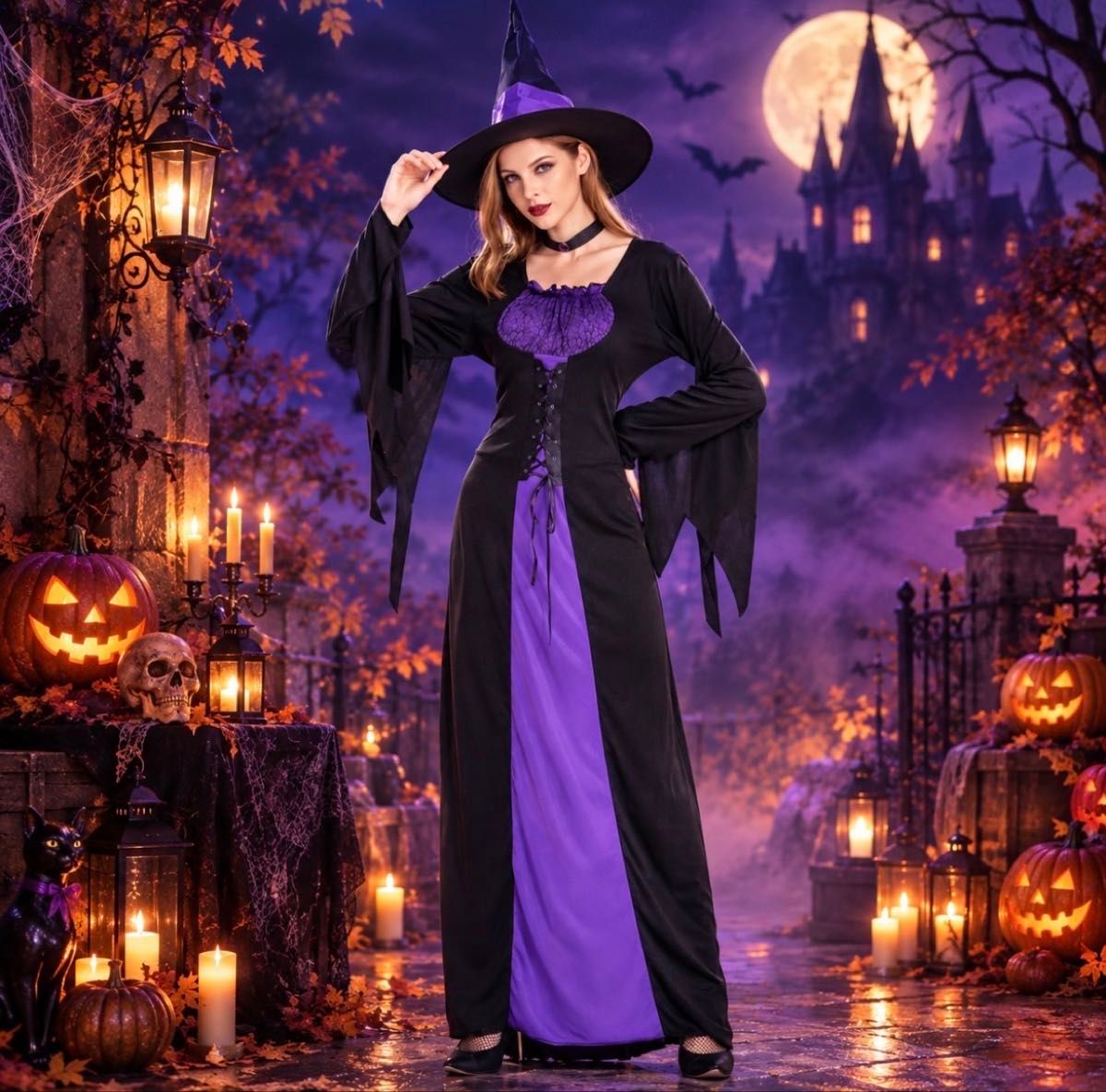 ハロウィン 魔女 コスプレ 衣装 魔法使い 仮装 パープル  コスチューム ブラック　ウィッチ　ロングドレス　　　　ロング　黒