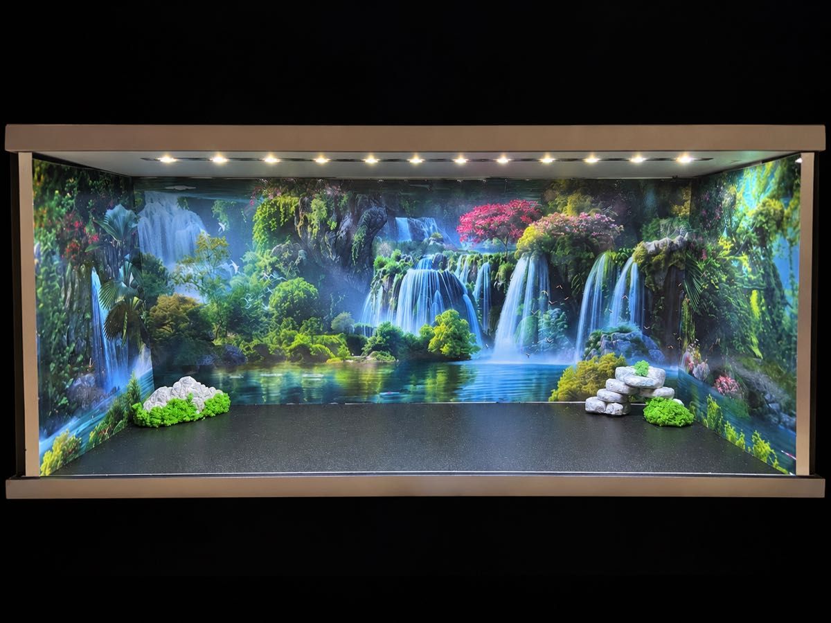 Figure Display Case with LED, Forest & Waterfall Diorama Style, Handmade