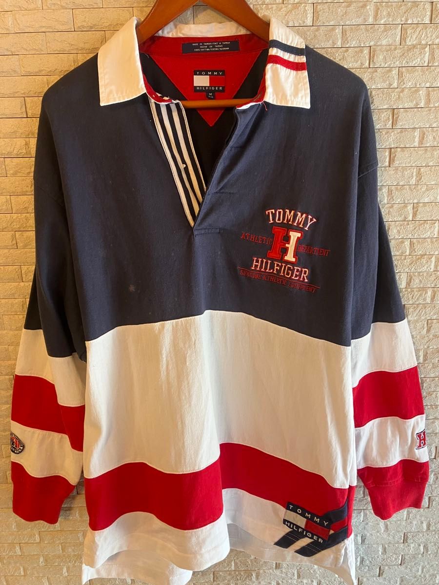 VTG 90s Tommy Hilfiger 运动旗帜条纹Polo橄榄球衫 M运动 莲花红
