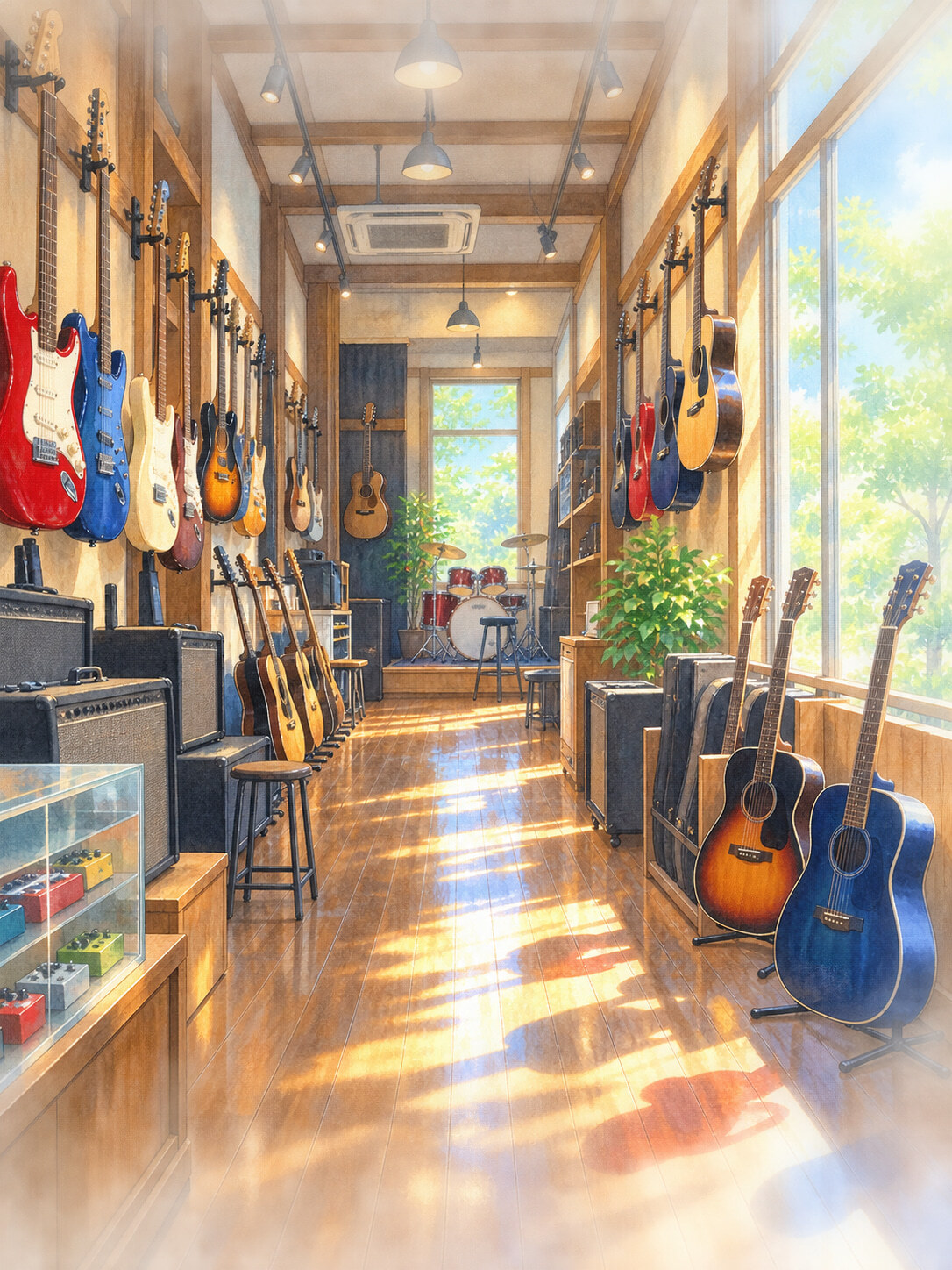 A2尺寸c1443光插入的乐器店的风景动画调原声吉他电吉他