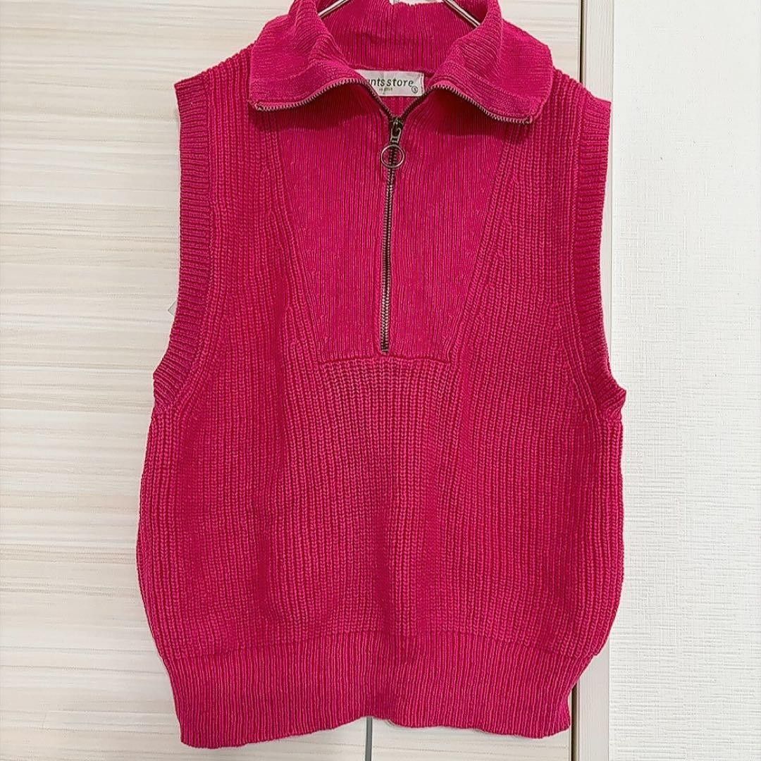 パンツストア ニットベスト S ハーフジップ ノースリーブ ピンク かわいい