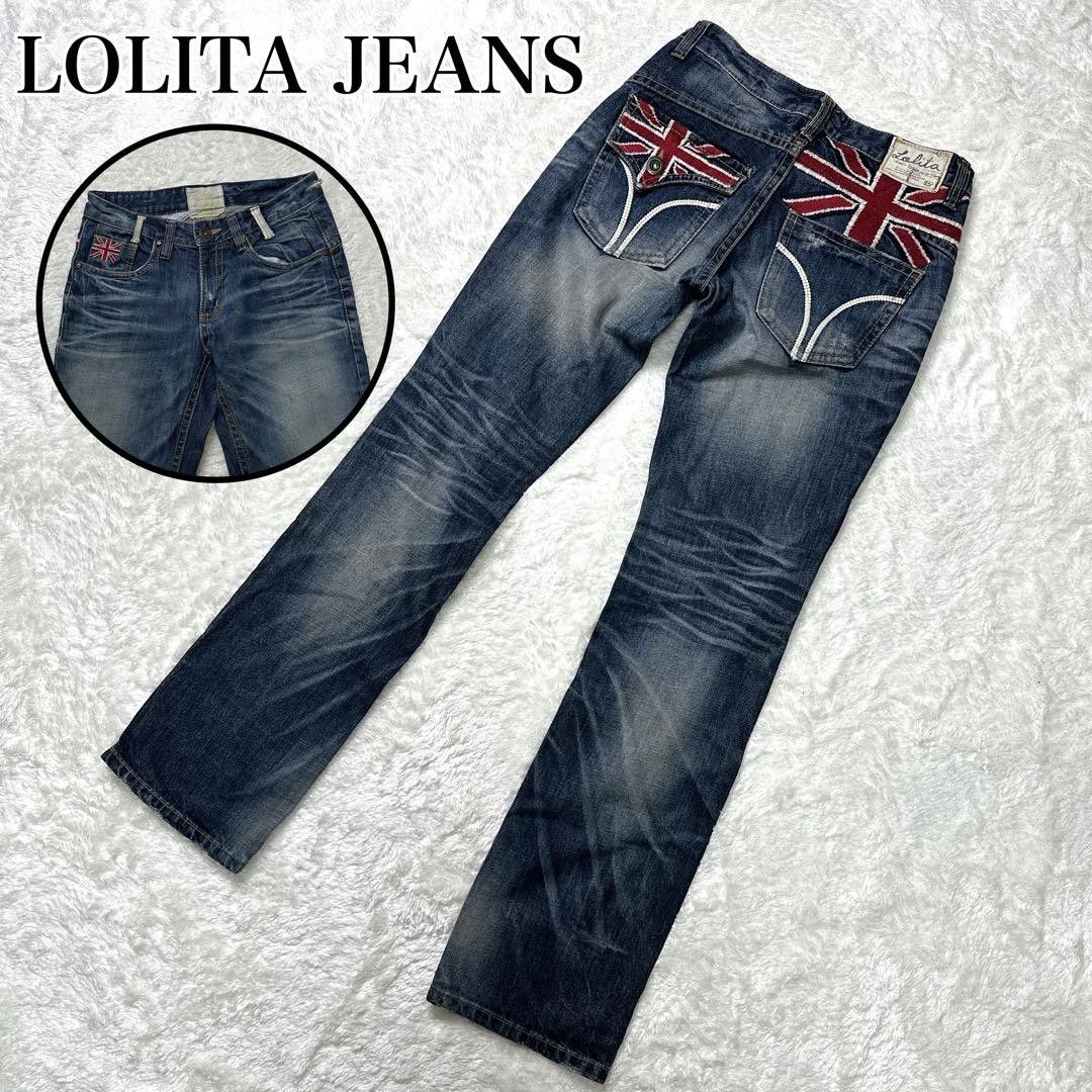LOLITA JEANS ロリータジーンズ 29 ユニオンジャック刺繍 鬼ヒゲ フレアデニム ブーツカット Y2K 刺繍 デニム