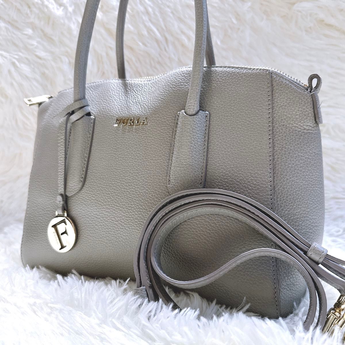 Furla Tessa Shoulder Bag, 2-Way Handbag, Leather, Gray, Excellent Condition