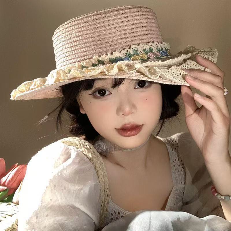 花朵蕾丝边草帽 女士 夏季用 法式洛丽塔风 平顶礼帽 适合海边/海滩 防晒防紫外线帽