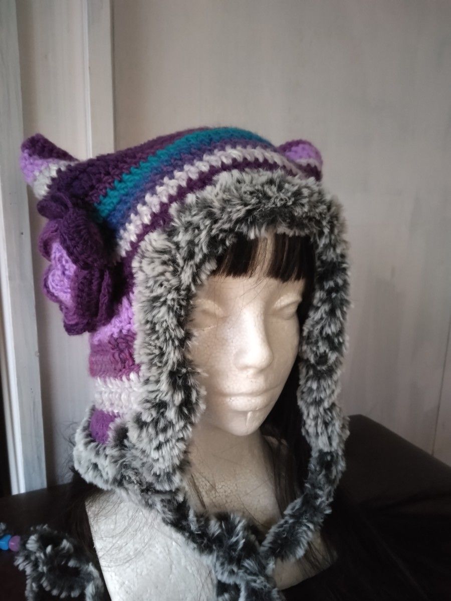 フワフワファーお花猫耳パイロット帽子handmade