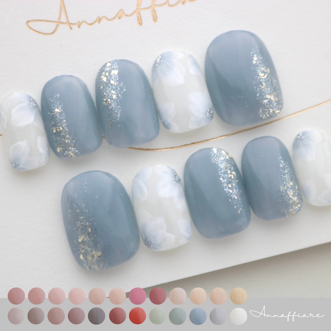 Choose your color♡ Soft floral nail tips / Annaffiare Elegant, suitable for weddings, coming-of-age ceremonies, traditional Japanese attire, pre-wedding photoshoots, simple flower designs, kimonos, weddings, bridal occasions, with a “something blue” touch, and stylish, refined nails