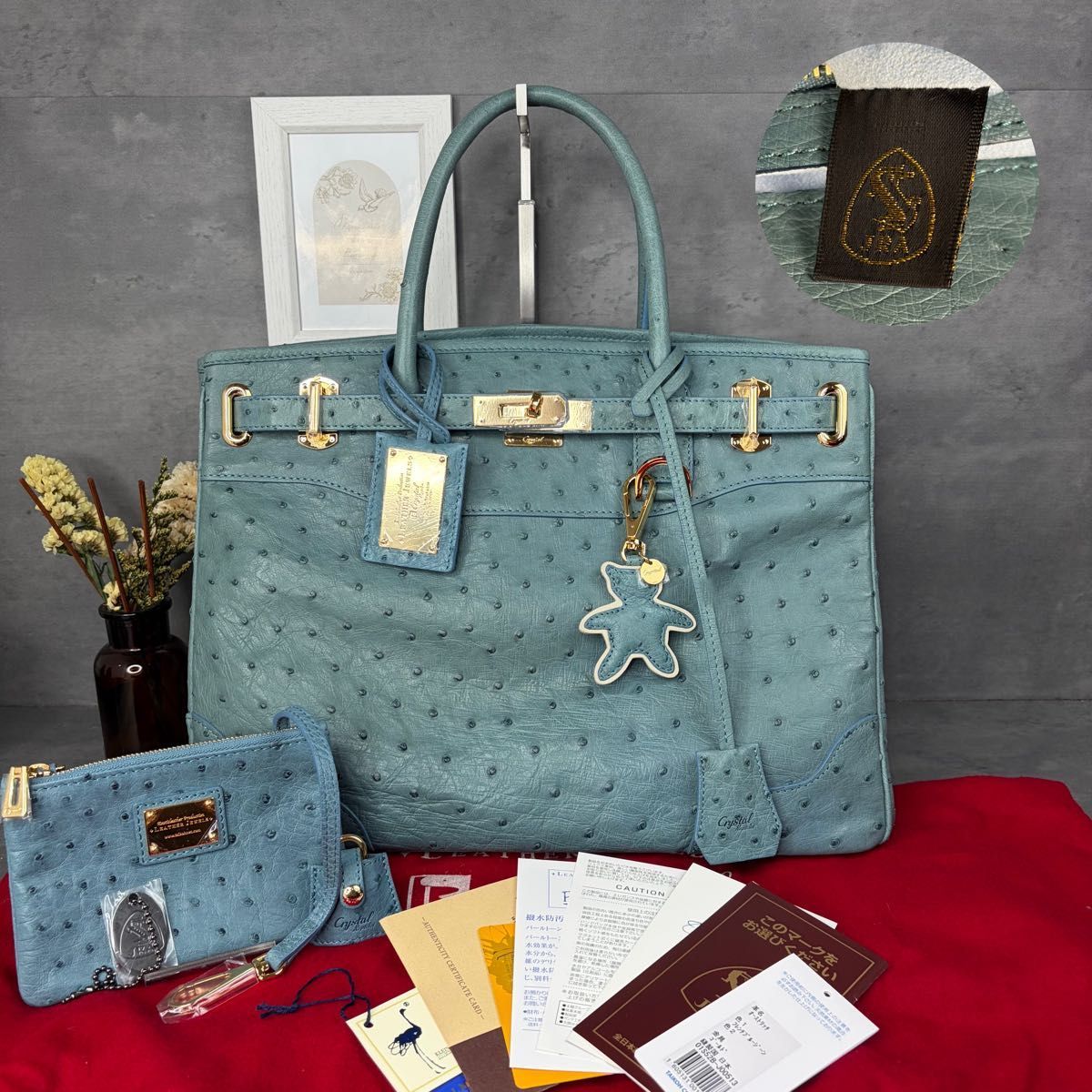【美品】 LEATHER JEWELS 克莱因·卡鲁鸵鸟皮托特包蓝色牛仔稀有附带配件齐全 JRA 认证
