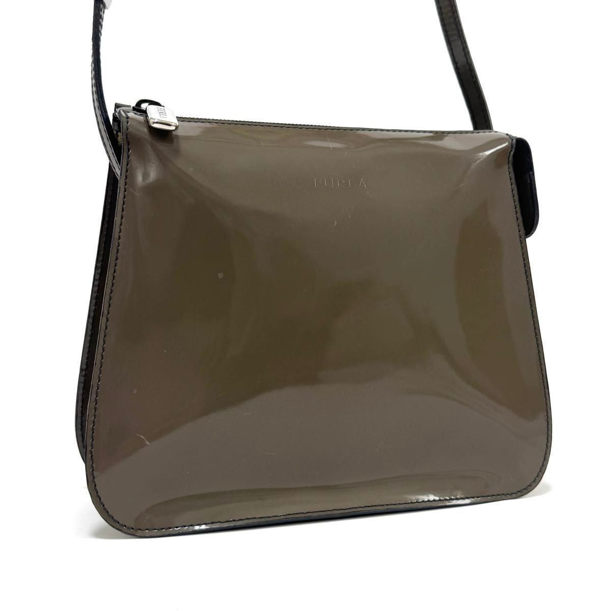 FURLA shoulder bag, crossbody, shoulder strap, khaki, silver, enamel patent leather FURLA