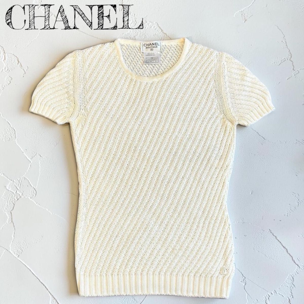 香奈儿 CHANEL 夏季针织毛衣 上衣 可可标志 短袖 意大利制造 意大利 白色 白色 象牙白 38