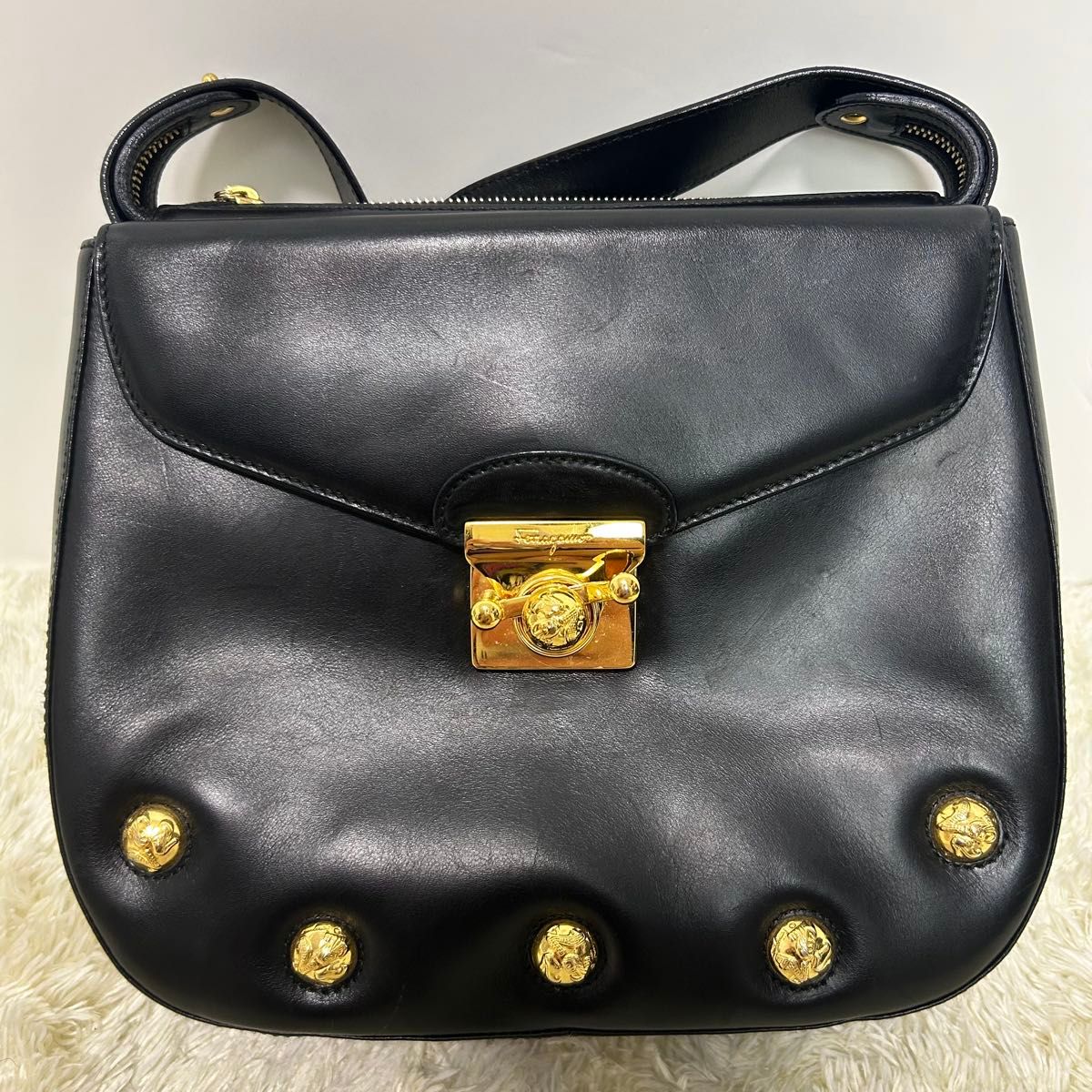 Salvatore Ferragamo Shoulder Bag Black with Gold Hardware Studs