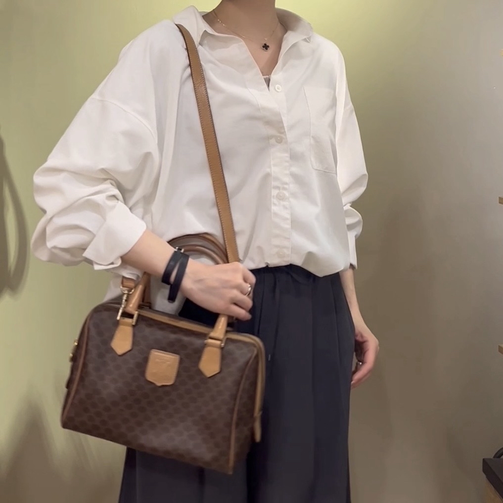 【CELINE】日常之选。Celine Macadam 2way波士顿肩背包 / 棕色×PVC软革 / 经典名品 / 复古 Celine 真皮 PVC 夏季大容量包
