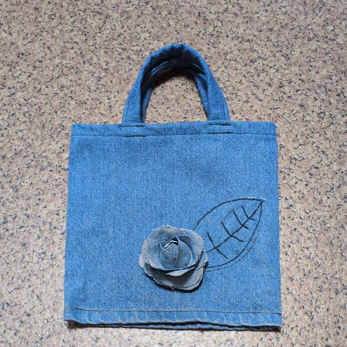 Handmade Denim Tote Bag, Mini Bag with Rose Motif