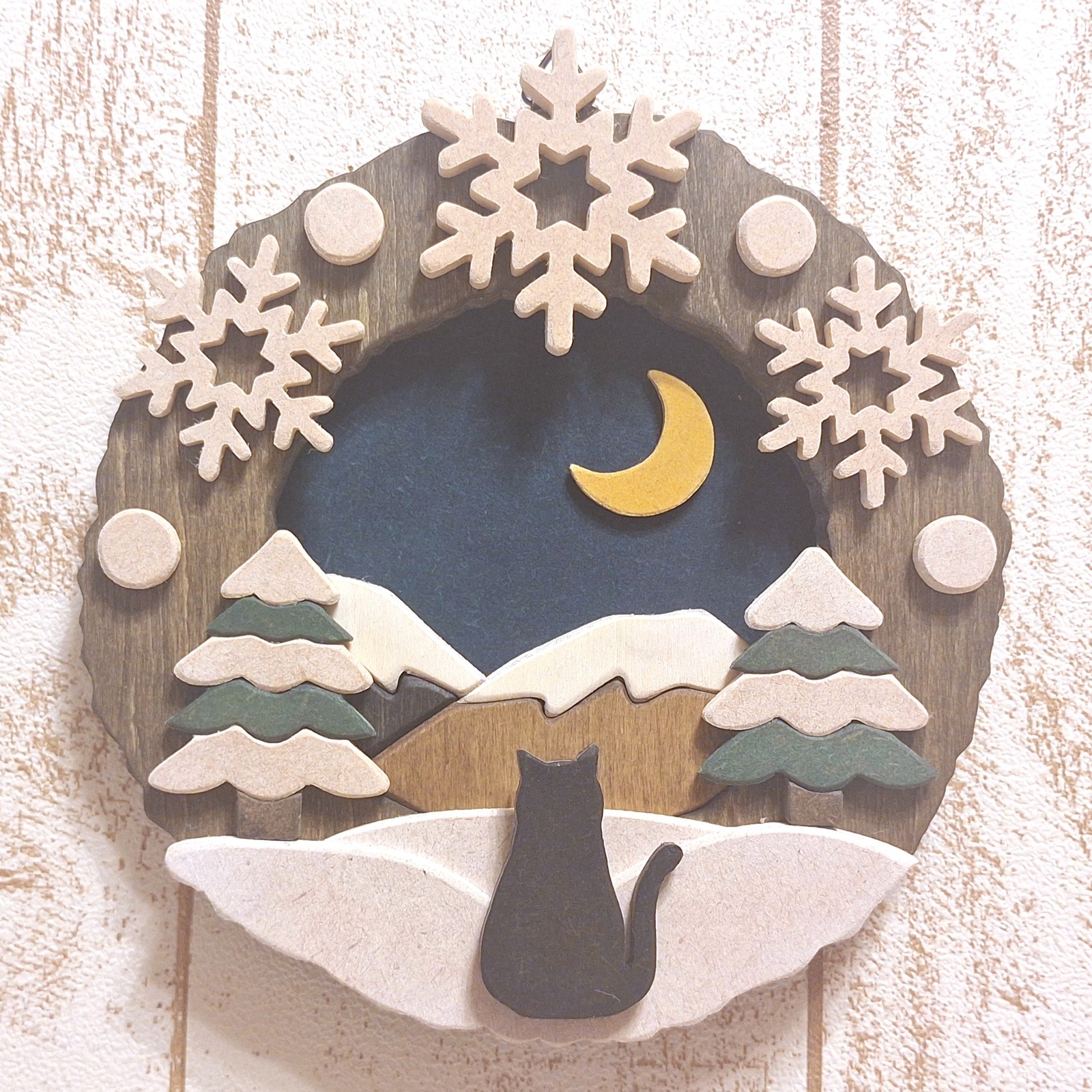 【订单制作】黑猫和雪山的木制迷你租赁 | 雪的结晶冬天的墙壁装饰新月