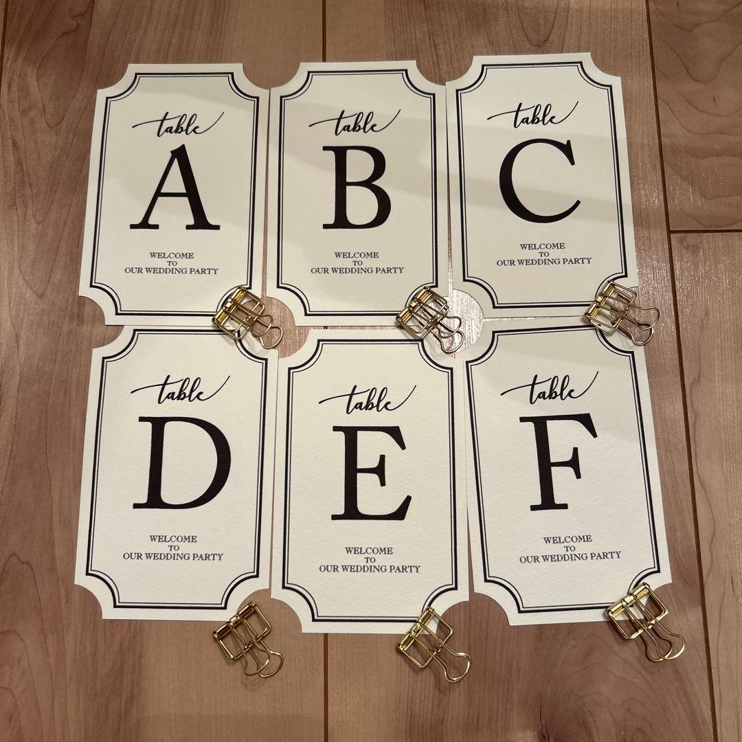 Wedding Table Number Cards A-F, Set of 6 with 6 Clips