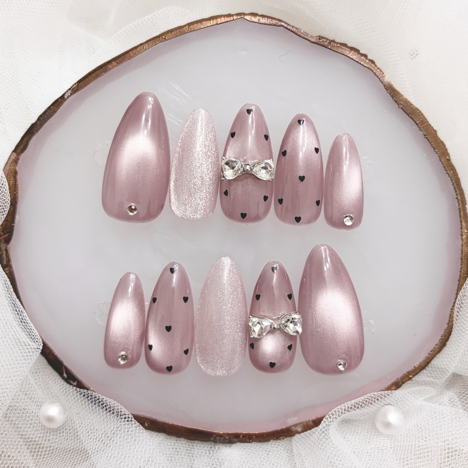 Nail tips ♡ Ribbon nails, magnet nails, French girly style, one-phone application, dots, muted pink, Korean style, custom nail tips, nails, girly nails