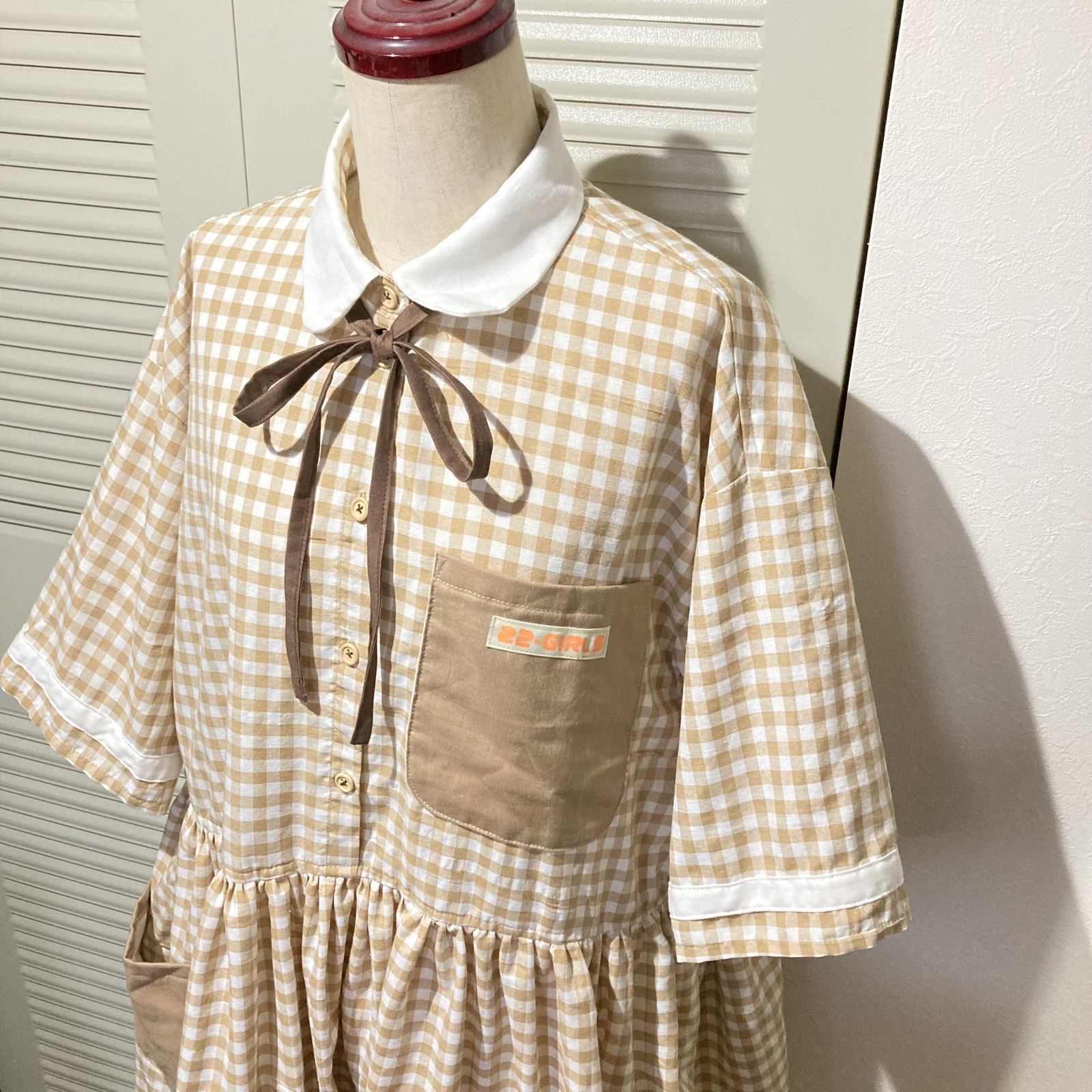 MARRON CREAM FANCY SHIRTS ONEPIECE▶衬衫 · gingam check · 连衣裙 · 衬衫 · 连衣裙 · 补片工作