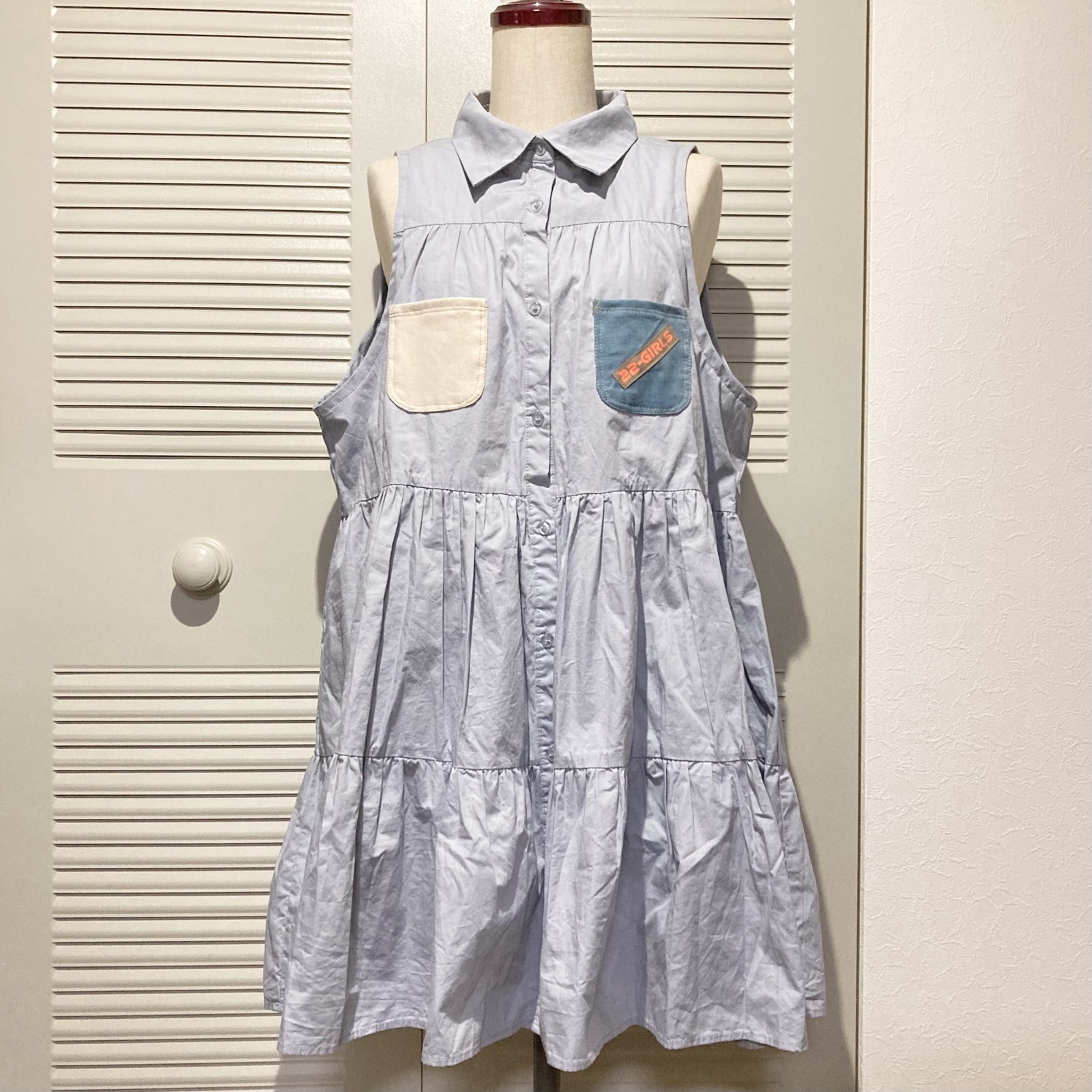 SHABON NO SLEEVES SHIRTS ONE PIECE ▶衬衫连衣裙·蓝色·衬衫·荷叶边·褶皱·背带裙