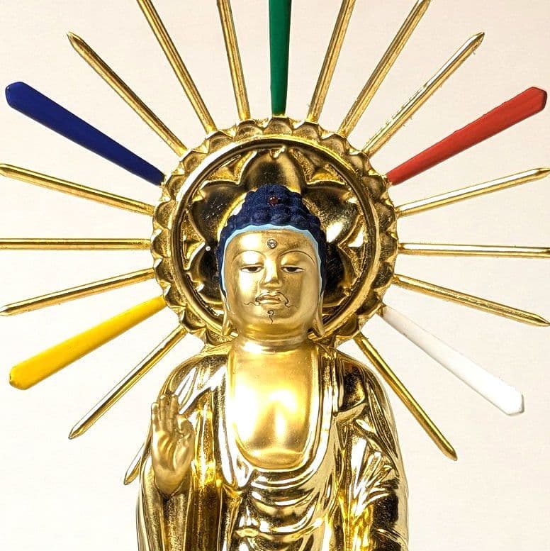 Standing Amida Buddha Statue, Pure Gold Leaf, Polychrome, Total Height Approximately 26.5cm, With Box, New