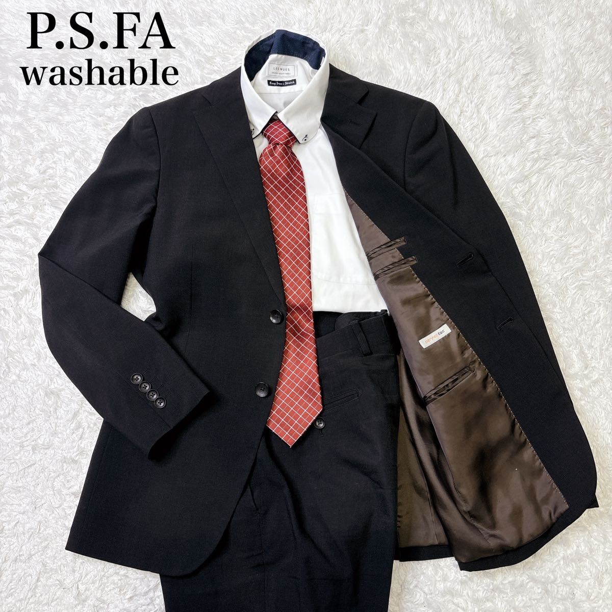 P.S.FA パーフェクトスーツファクトリー メンズスーツ セットアップ 黒 グレンチェック A5 170cm前後 ストレッチ