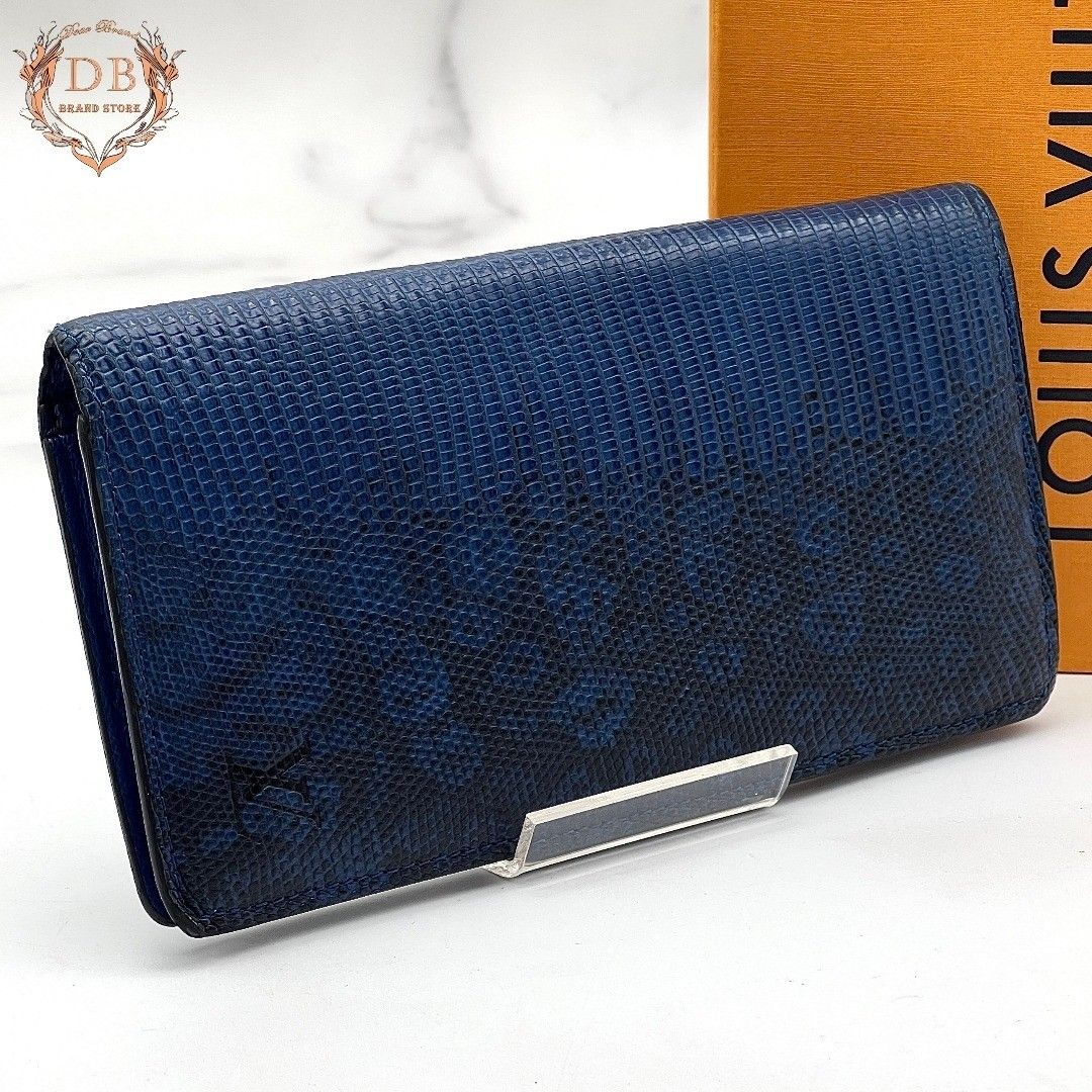 路易威登 波尔多福伊·布拉扎 蜥蜴纹 蓝色 黑色 商务 青色 LOUIS VUITTON 长款钱包 蜥蜴皮 黑色